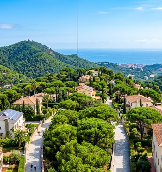 Vistas de las calles tranquilas, la naturaleza, la montaña y zonas residenciales exclusivas en Premià de Dalt